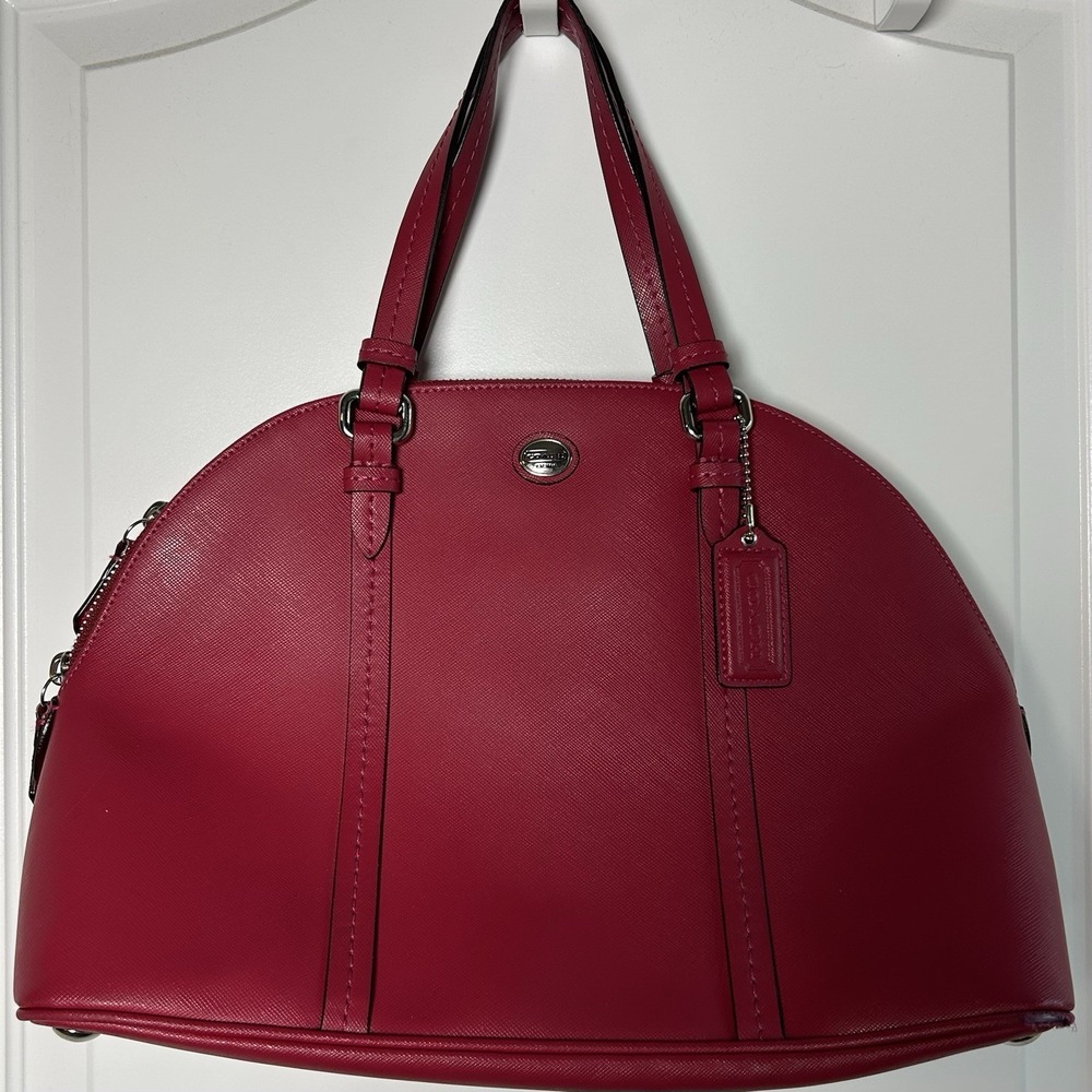 Coach Peyton Cora Dome Satchel Saffiano Leather Red Silver Hardware Handbag